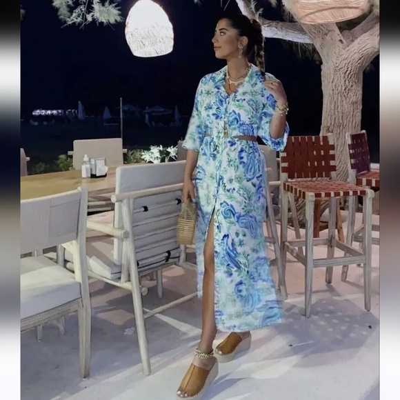 Zara Blue and Green Cut Out Midi Shirt Dress Size Medium (Bloggers Favorite) - Picture 3 of 16